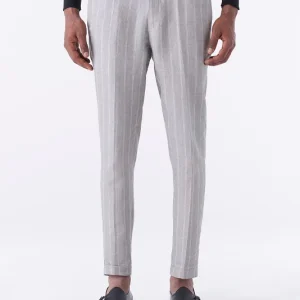 Pantalone gessato grigio in puro lino