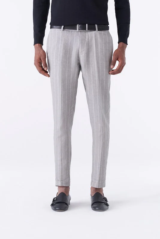 Pantalone gessato grigio in puro lino