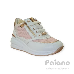 Sneakers Mariella Burani 51051 pelle bianco tessuto pink zeppa con zip