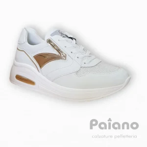 Sneakers 2819 pelle bianco tessuto riporti oro gomma alta