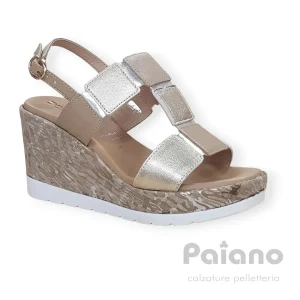 Space Moda 55402 pelle platino e beige sandalo zeppa alta