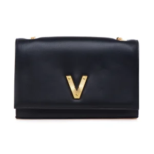 Tracolla Via Roma 15 in pelle con patta e "V" zigrinata gold