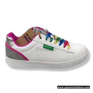 Sneakers Benetton label multicolor laces in pelle bianco fuxia fondo gomma da donna