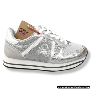 Sneakers Benetton silky metal in laminato e glitter argento fondo gomma da donna