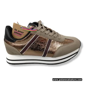 Sneakers Benetton vex in camoscio e laminato bronzo fondo gomma da donna