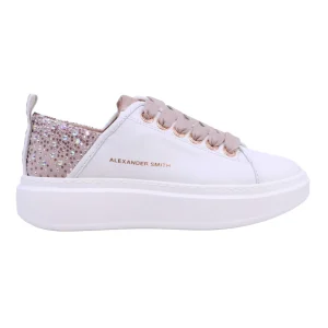 Alexander Smith Wembley 0506 sneaker donna pelle bianca tallone iridescente nude con strass