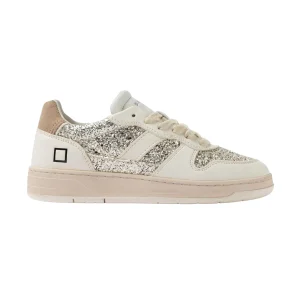 D.A.T.E. Court 2.0 Glitter C2-GL-PL sneaker donna in pelle bianco panna