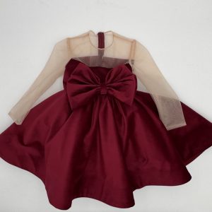 Abito bimba in velluto bordeaux fiocco avanti e scollatura in tulle