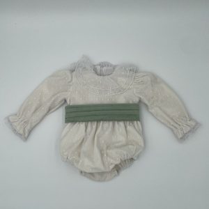 Pagliaccetto in velluto rivestito in tulle pois con cintura verde salvia