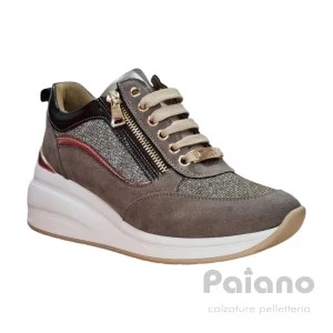 Sneakers Mariella Burani 50942 camoscio tortora laminato platino con zip