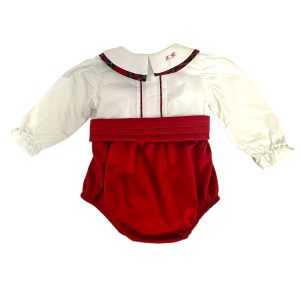 Pagliaccetto bicolor in velluto rosso con profili tartan