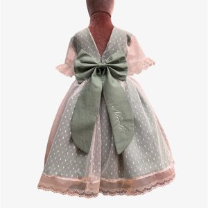 Abito in tulle pois base verde salvia e cintura con fiocco personalizzata