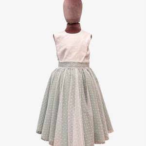 Abito in lino con gonna in tulle pois e cintura