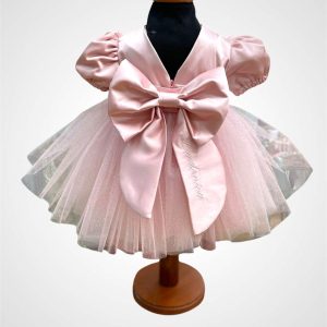 Abito in seta rosa con gonna in tulle glitter