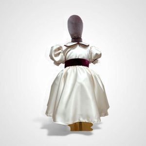 Abito in seta champagne con dettagli in velvet bordeaux