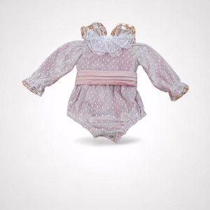 Pagliaccetto in velluto rosa rivestito in tulle pois