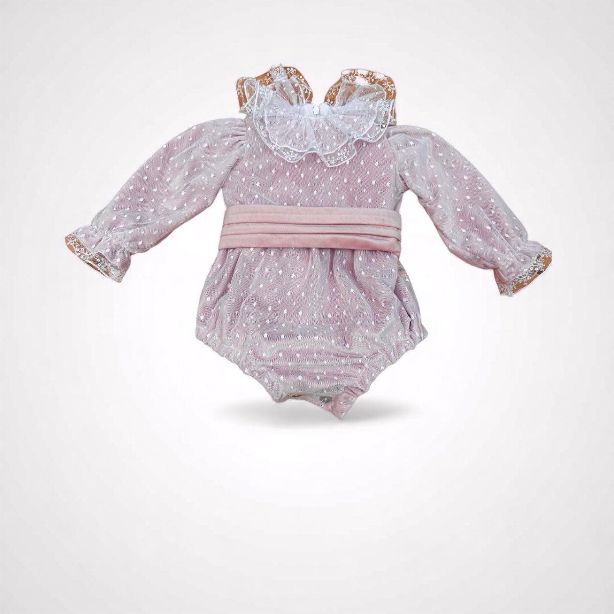 Pagliaccetto in velluto rosa rivestito in tulle pois - immagine 2