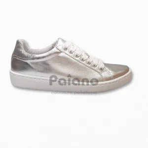 Sneakers Made in Italy in pelle laminato argento glitter argento fondo gomma da donna