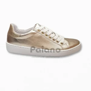 Sneakers Made in Italy in pelle platino glitter oro fondo gomma da donna